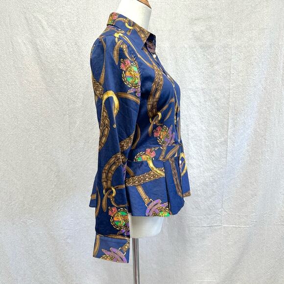 Lauren Ralph Lauren navy equestrian horse bit  button up peplum shirt size 4 - Picture 5 of 16